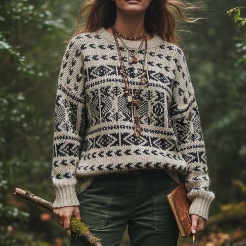 Altar'd State Sweater S Cream Black Geometric Fair Isle Boho Pullover Knit